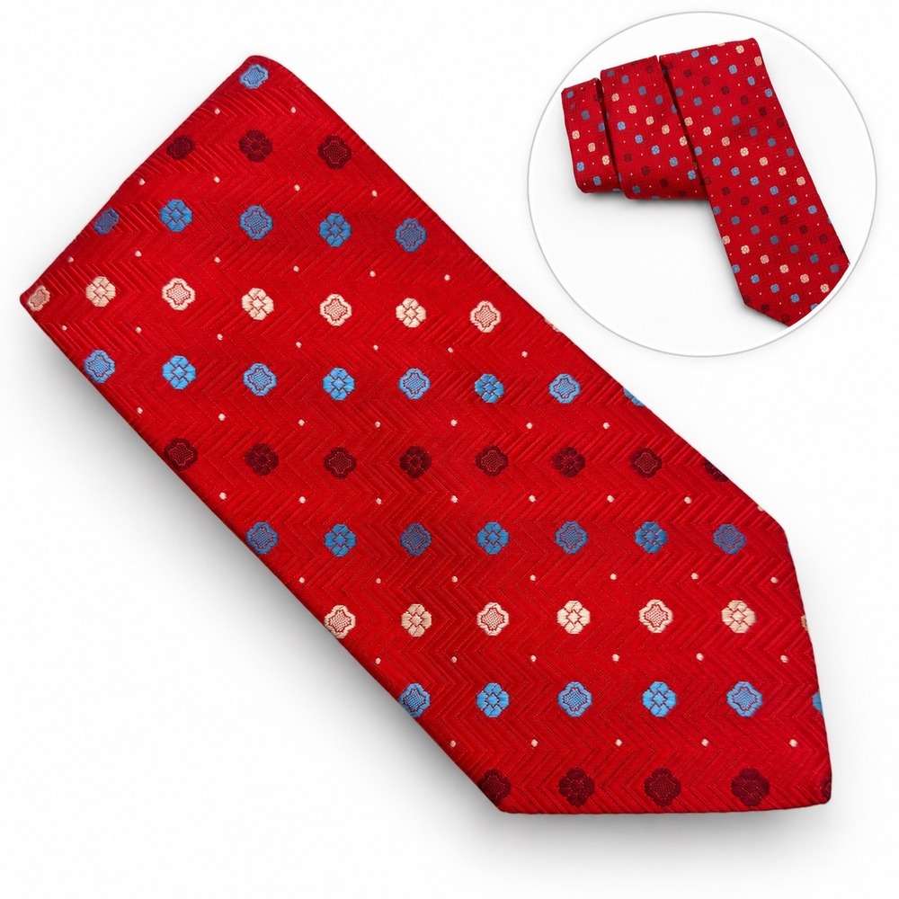 Jos. A. Bank Silk Tie 3.75" Red Geometric Floral Chevron Italian Preppy Classic